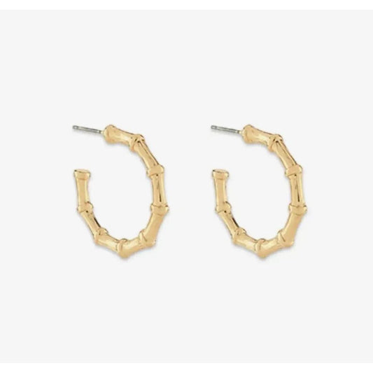 Gold bamboo hoop earrings on a white background