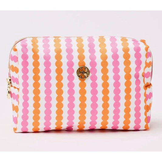 Cosmetic bag with pink and orange striped pattern on a white background