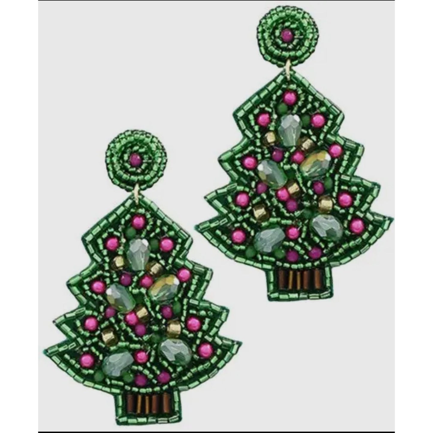 Green Beaded Christmas Tree Earrings