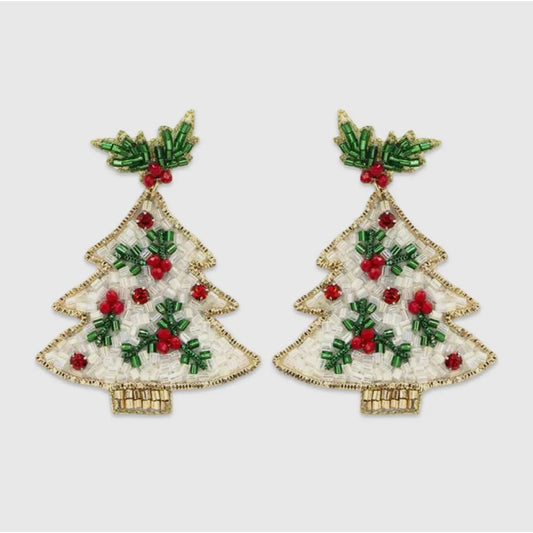 White and Green Holly Berry Christmas Tree Earrings