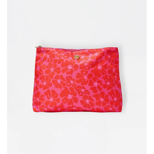 Pink floral-patterned pouch on a white background