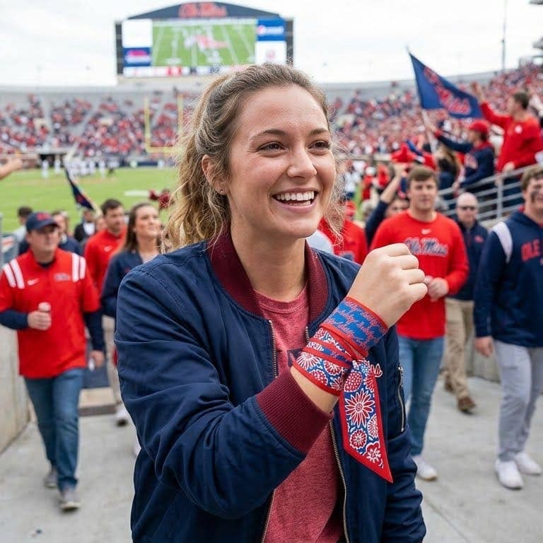 Woman at a sports event with a crowd in the background