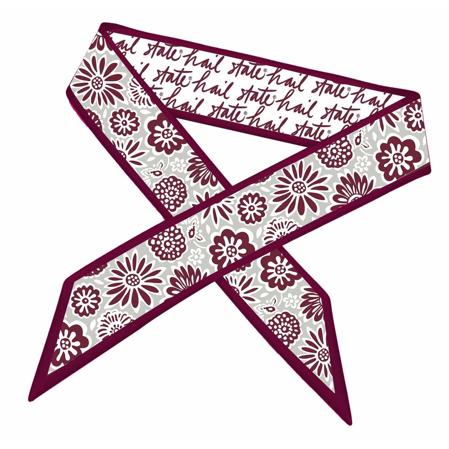 A fabric ribbon with a white background featuring a burgundy floral pattern and the words 'Hail State Haul' printed in burgundy script.