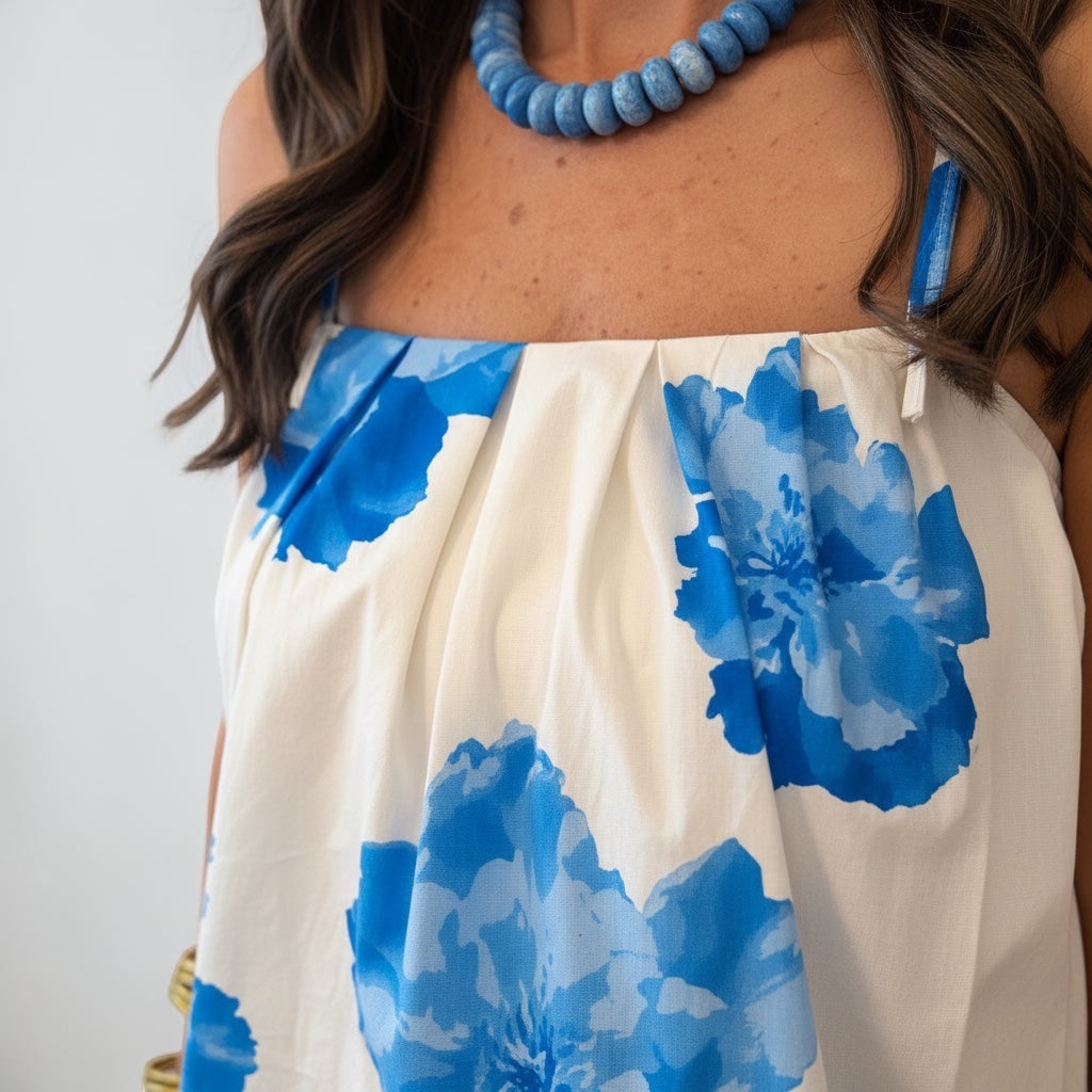 Annie Ks Boutique Americana Bloom Top in ivory and blue floral print cotton with adjustable tie shoulders