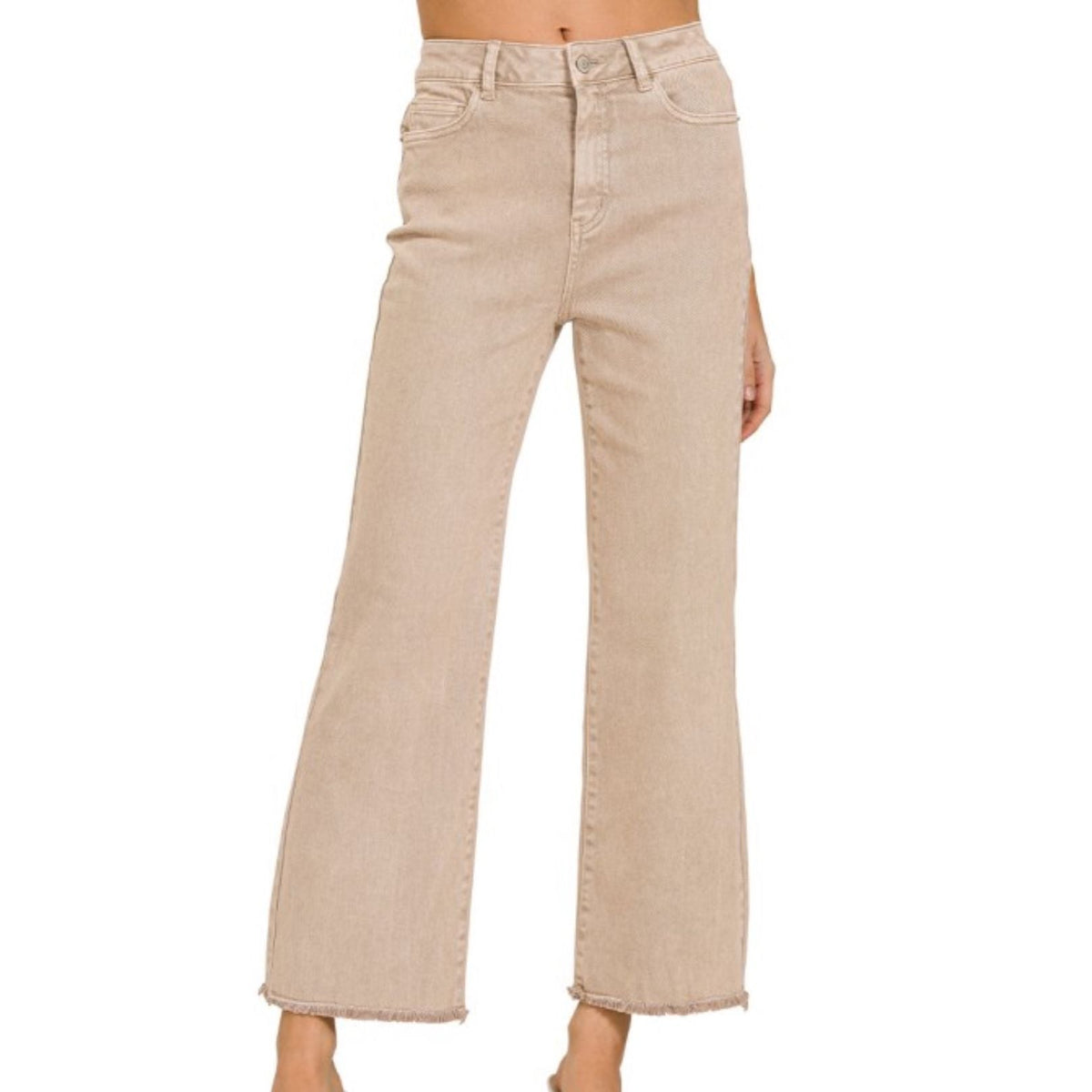 Annie Ks Boutique ash mocha acid washed high-rise jeans with a straight-wide leg and raw frayed hem.