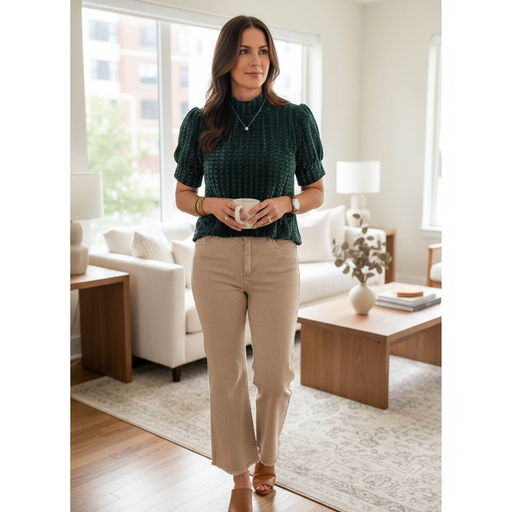 Annie Ks Boutique ash mocha acid washed high-rise jeans with a frayed hem worn by a woman in a bright living room