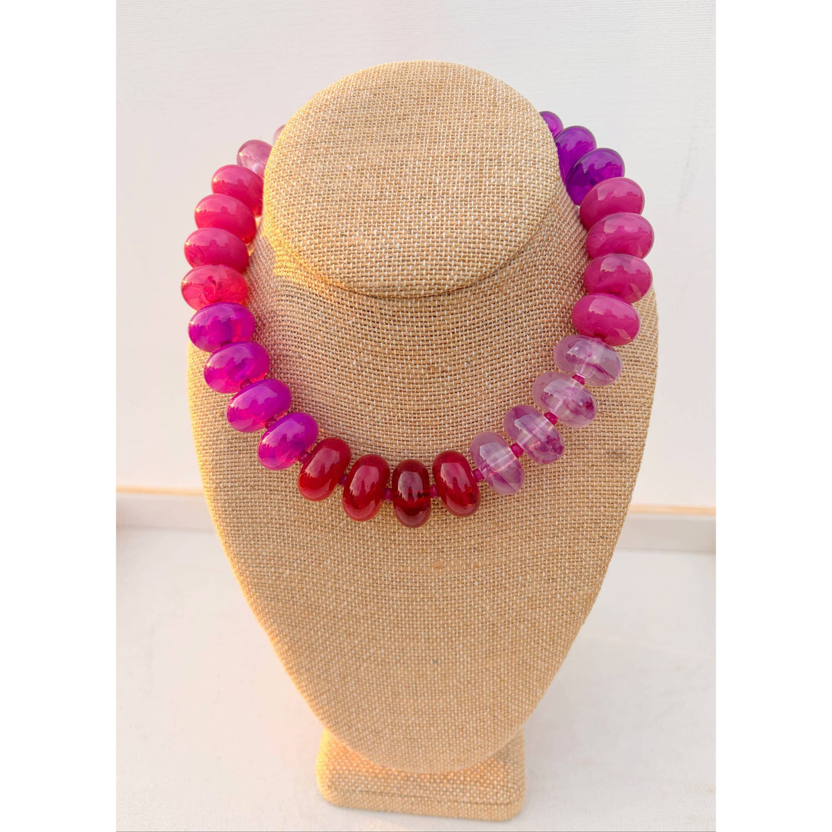 Annie Ks Boutique Berry Crush Rory Rondelle Necklace featuring chunky translucent purple, burgundy, and magenta beads.