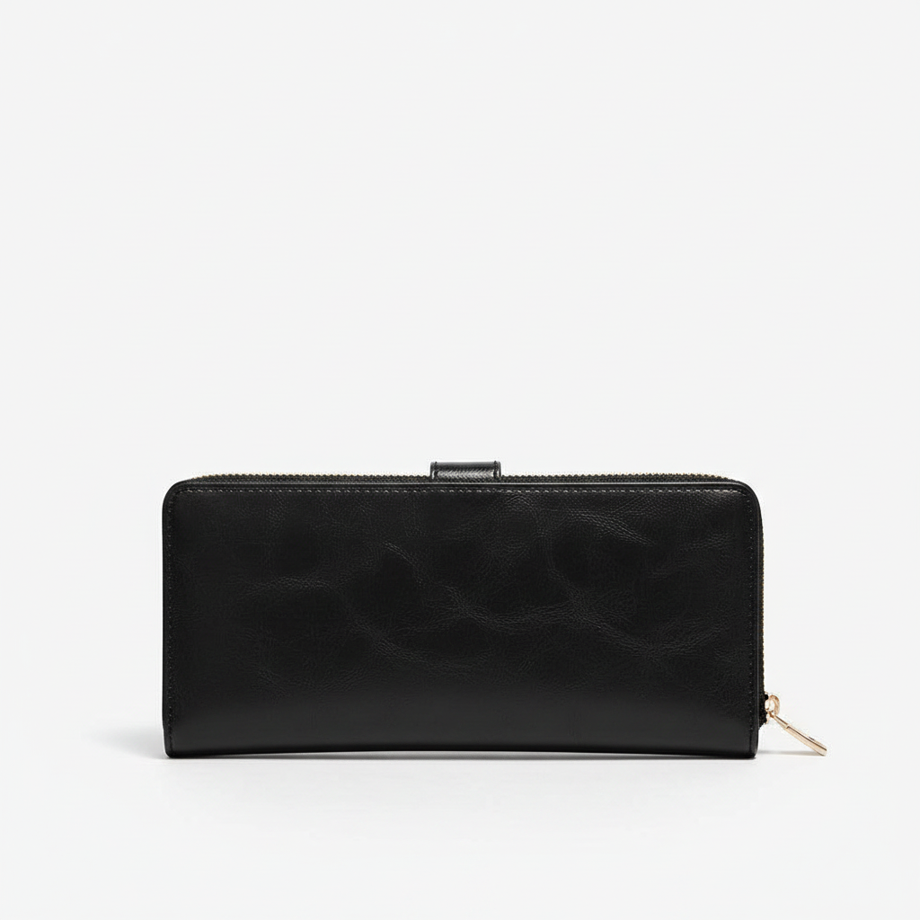 Annie Ks Boutique black Essentials Carryall Wallet with a sleek zip-around design for cards and cash organization.