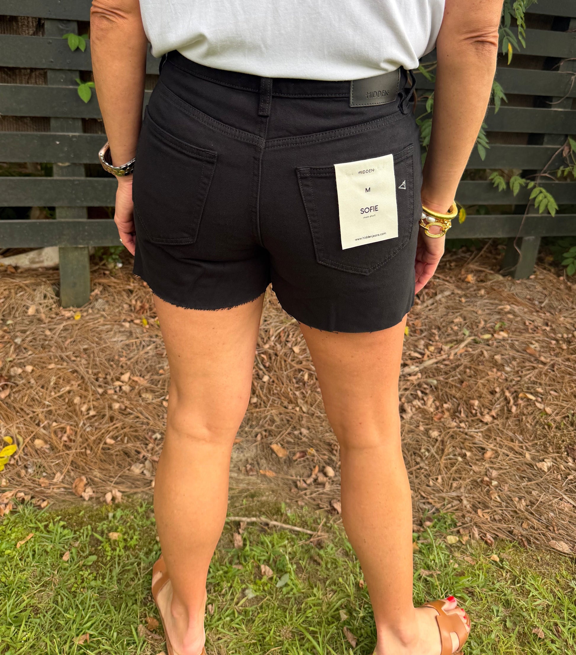Annie Ks Boutique black denim shorts with a high-waisted fit and raw hem, worn by a model from the back view.