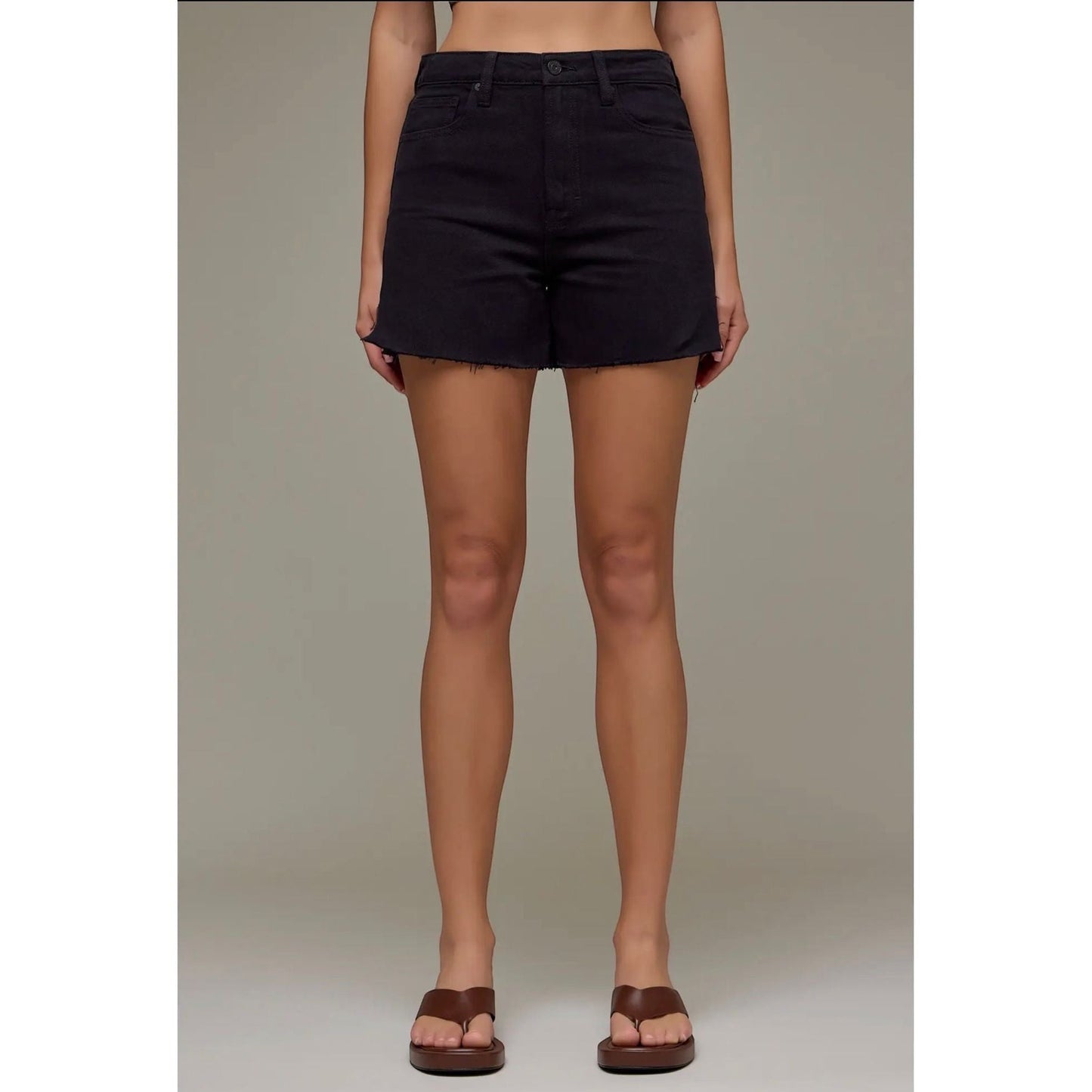 Annie Ks Boutique high-waisted black denim shorts with a raw hem and side-slit detail worn by a model.
