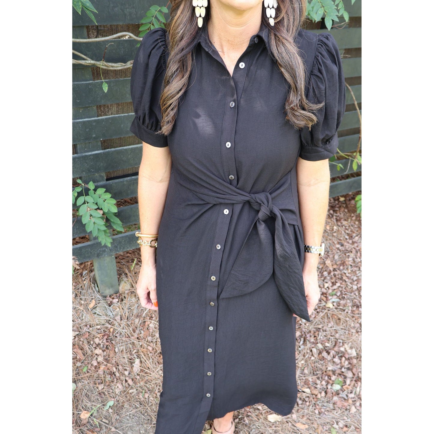 Annie Ks Boutique black midi shirt dress with puff sleeves, button front, and a self-tie waist belt.