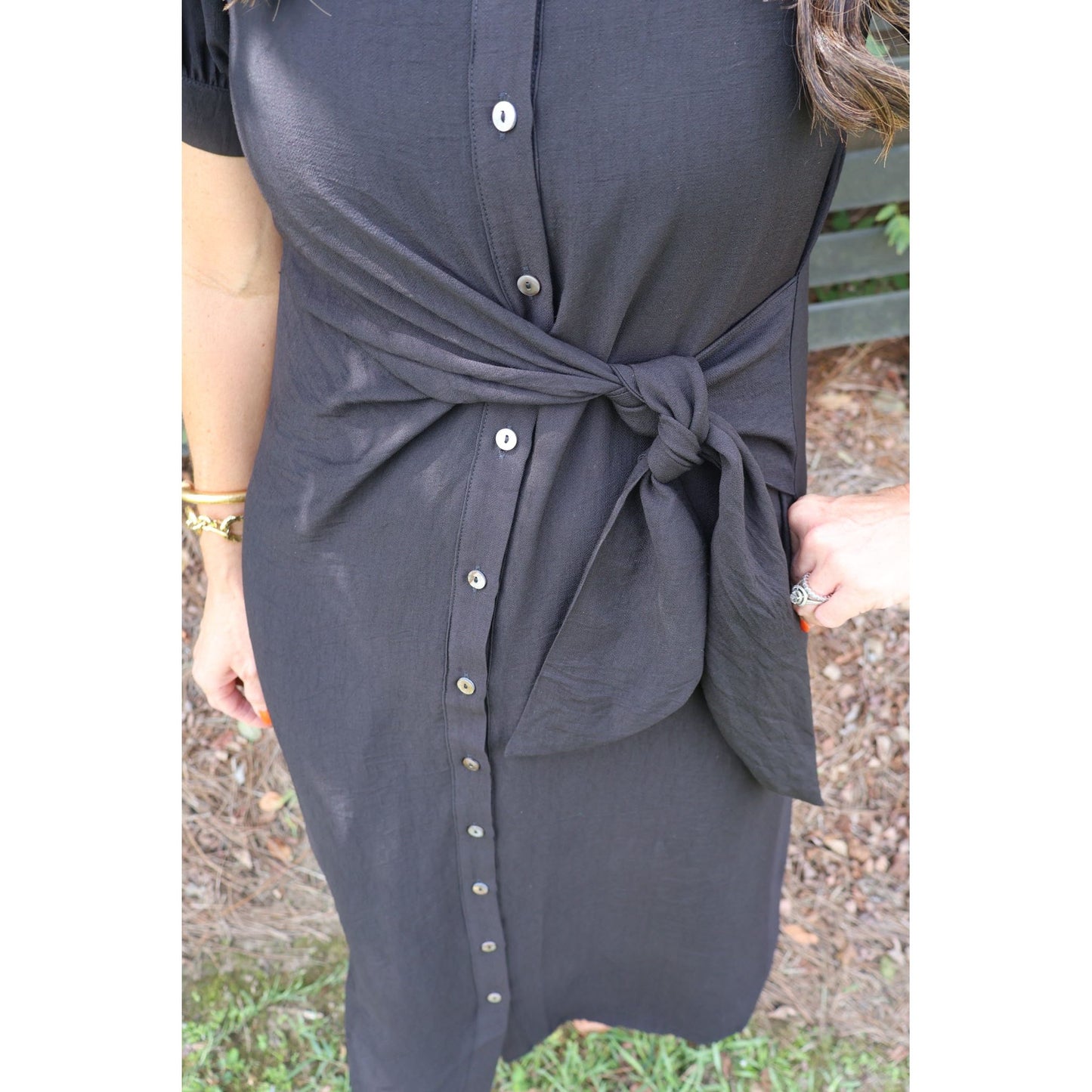 Annie Ks Boutique black midi shirt dress with a button-down front and a matching self-tie waist belt