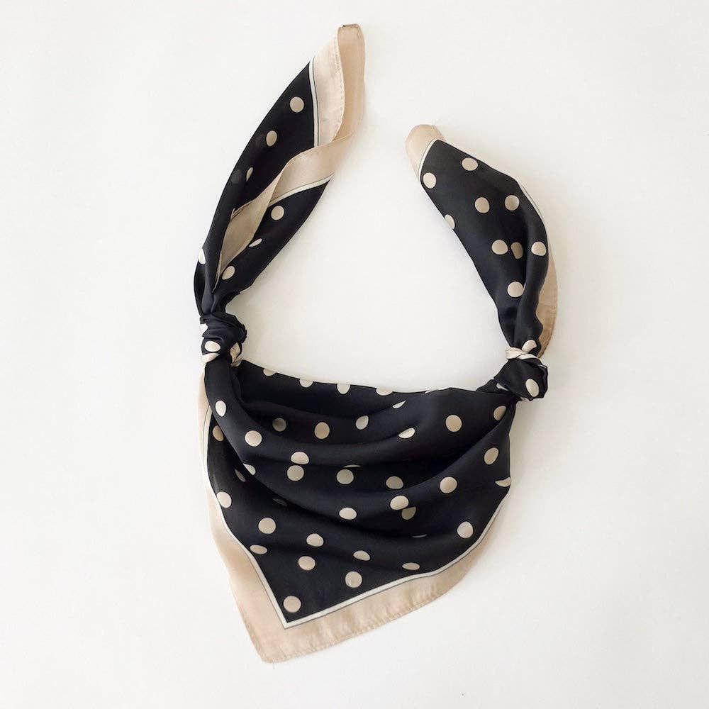 Annie Ks Boutique Alice square scarf in black with cream polka dots and a soft woven drape