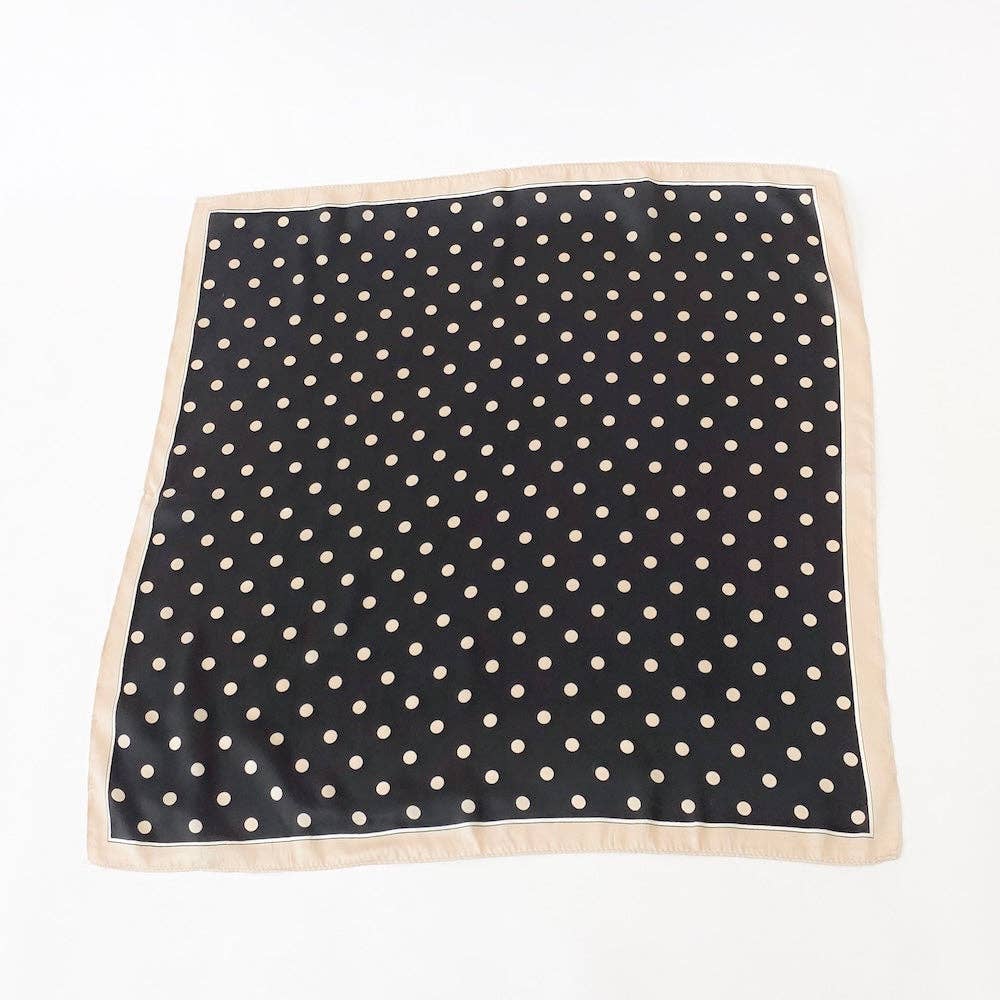 Annie Ks Boutique Alice square scarf in black with white polka dots and a soft beige border