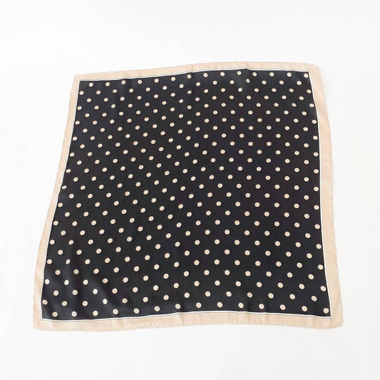 Annie Ks Boutique Alice square scarf in black with white polka dots and a soft beige border