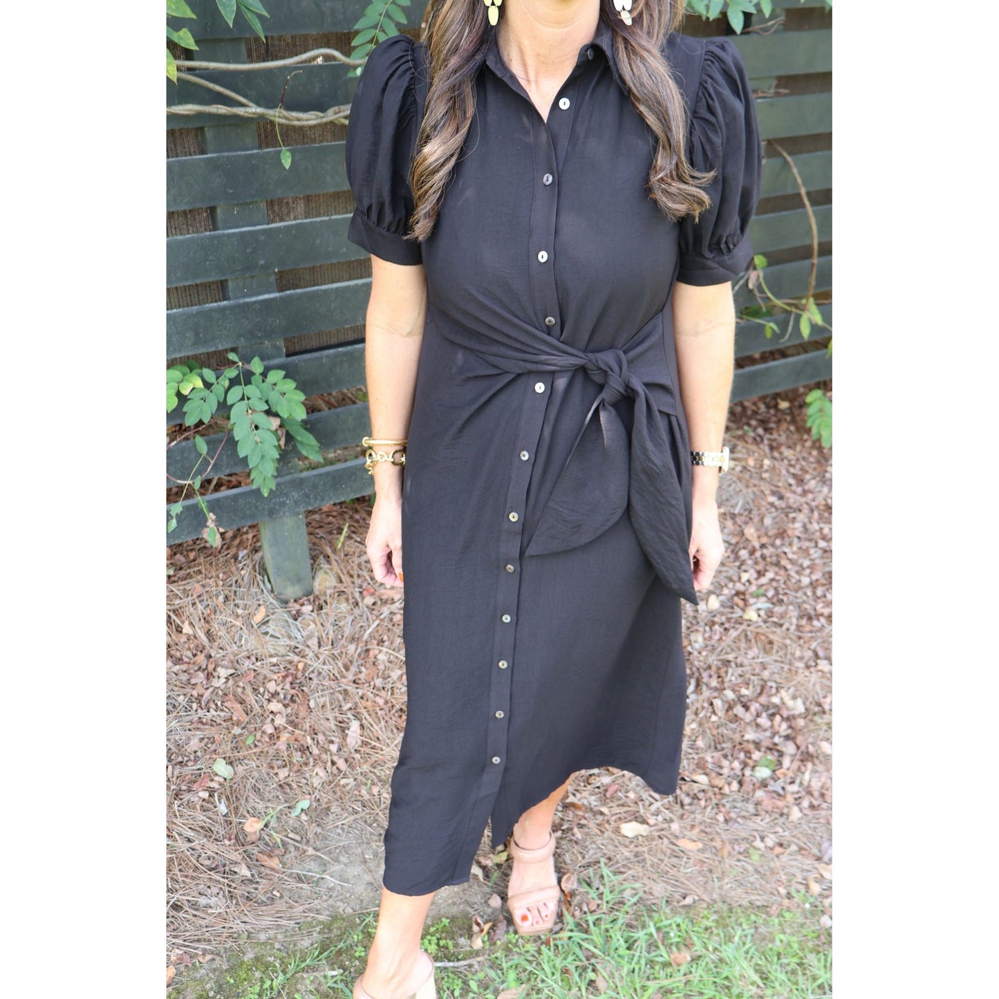 Annie Ks Boutique black midi shirt dress with puff sleeves, button front, and a self-tie waist belt.