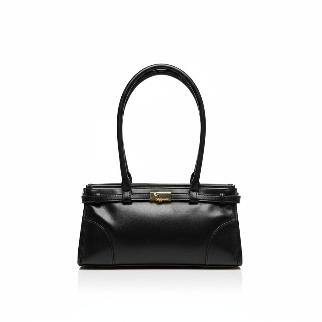 Annie Ks Boutique Ethel black vegan leather shoulder bag with gold lock hardware and structured silhouette