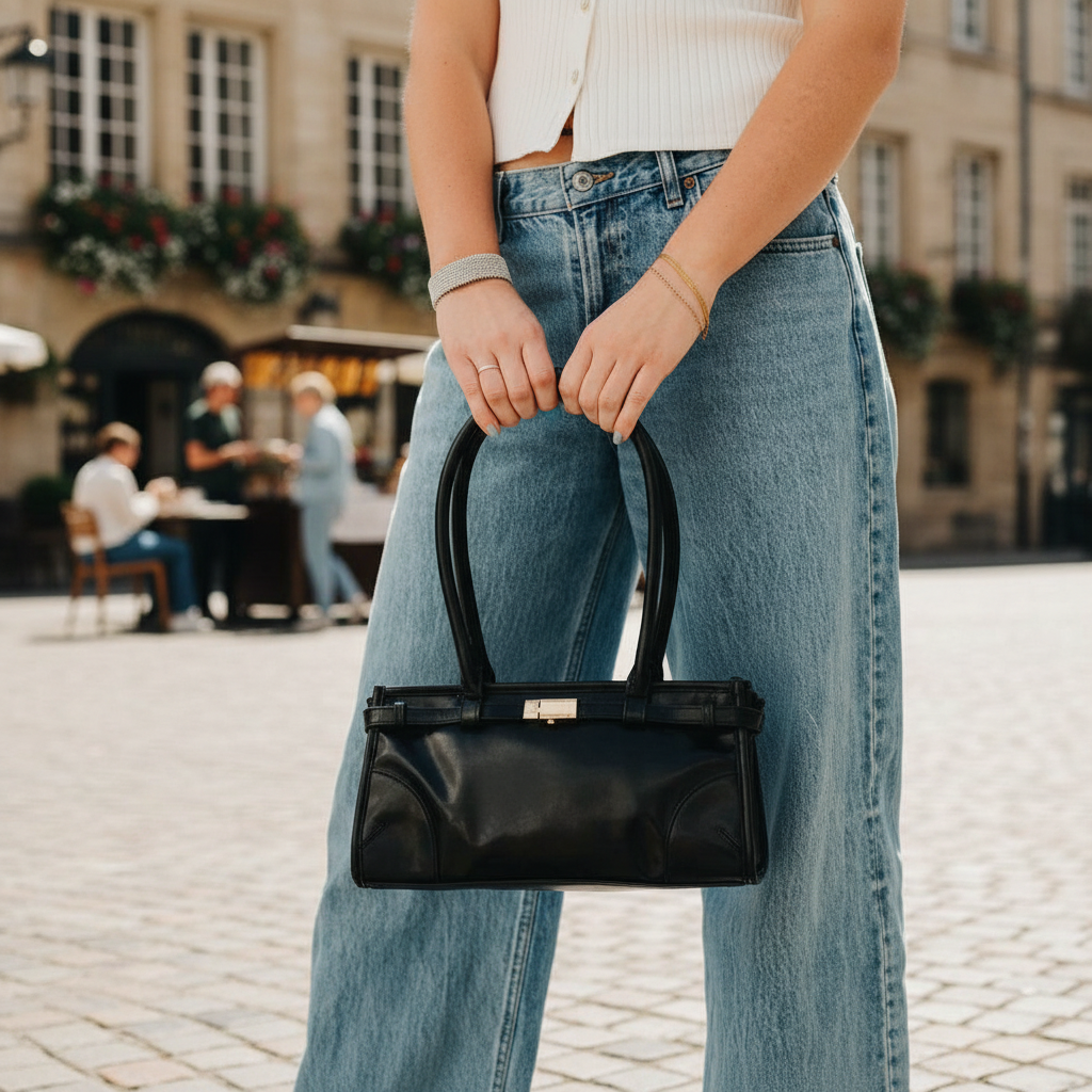 Annie Ks Boutique Ethel black vegan leather shoulder bag with gold hardware held by a woman in jeans on a city street