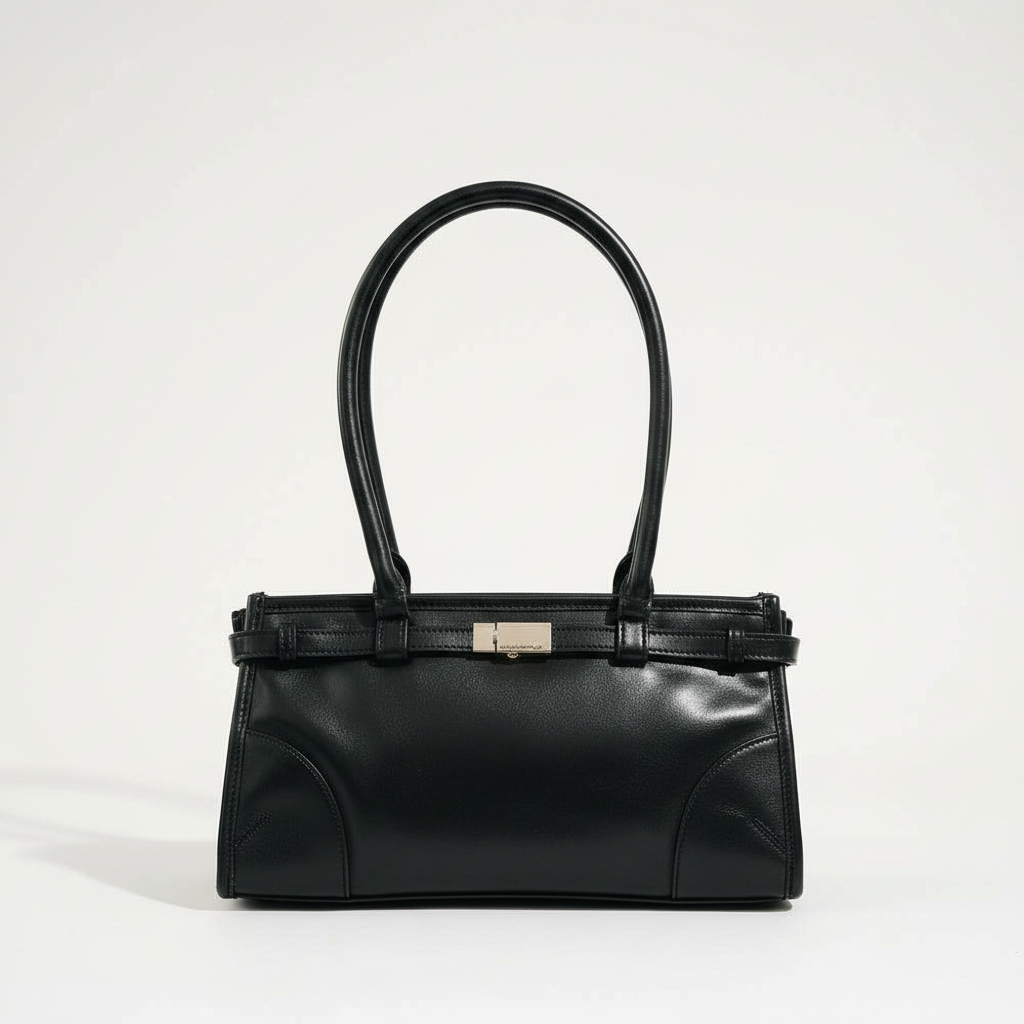 Annie Ks Boutique Ethel black vegan leather shoulder bag with silver hardware lock detail on a white background