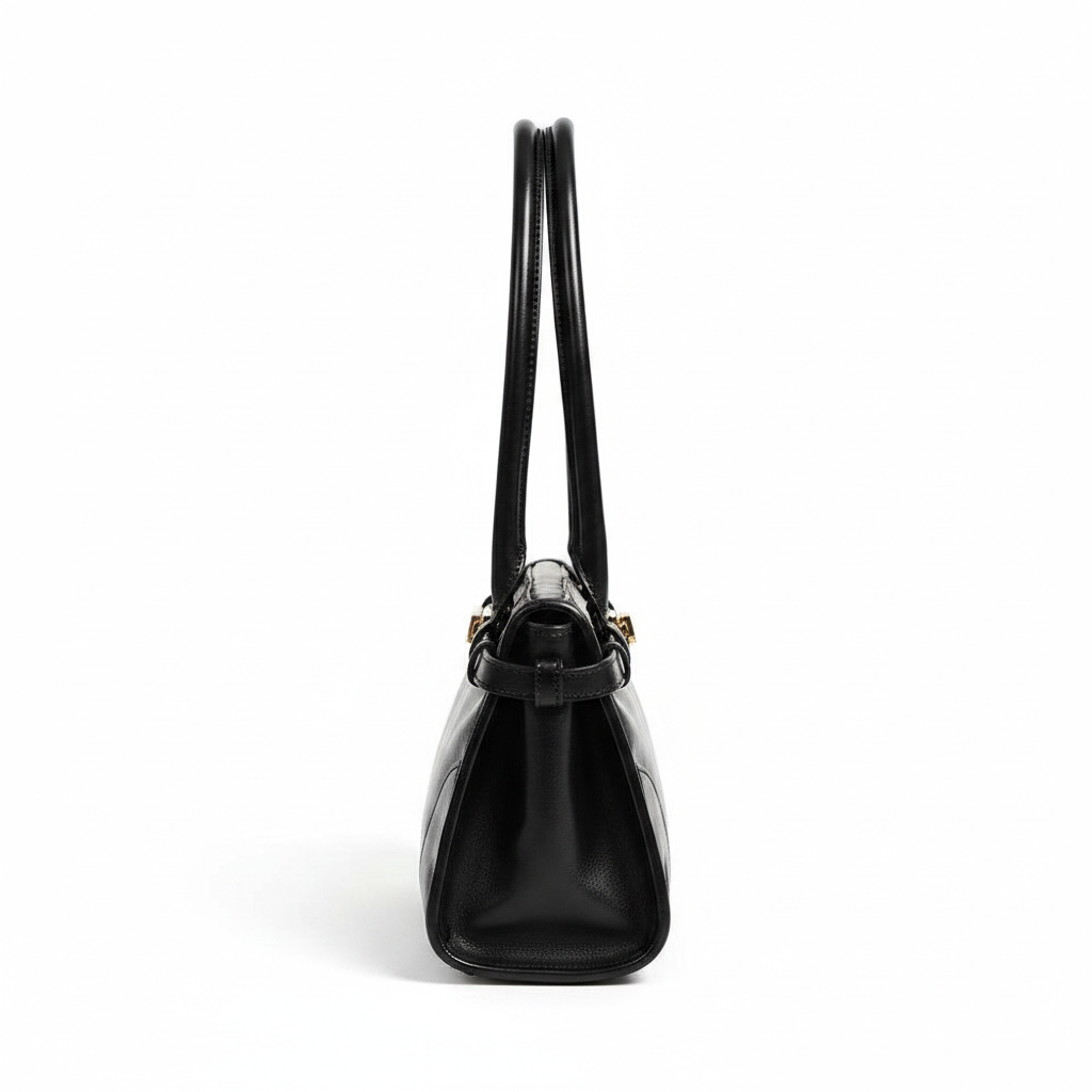 Annie Ks Boutique Ethel black vegan leather shoulder bag, side profile view showing slim silhouette and handle detail.