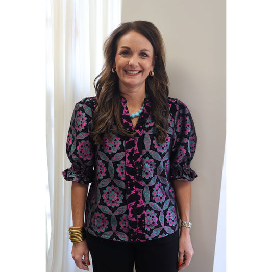 Annie Ks Boutique black velvet jacquard top with geometric medallion print, puff sleeves, and contrast V-neckline.