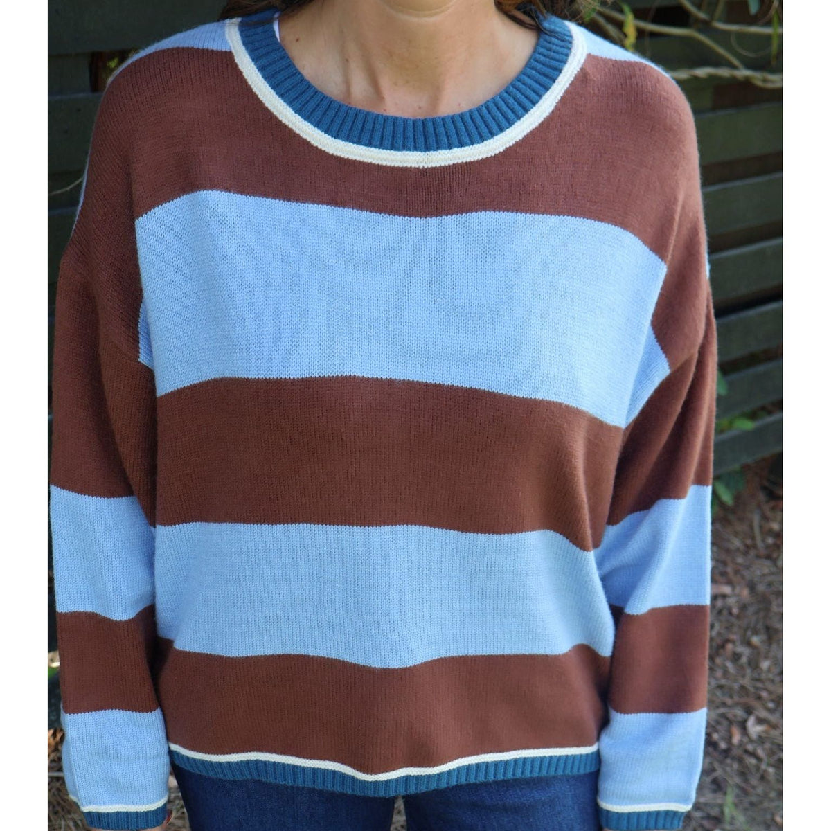 Annie Ks Boutique blue and brown wide stripe crew neck sweater with ribbed trim in a soft knit blend