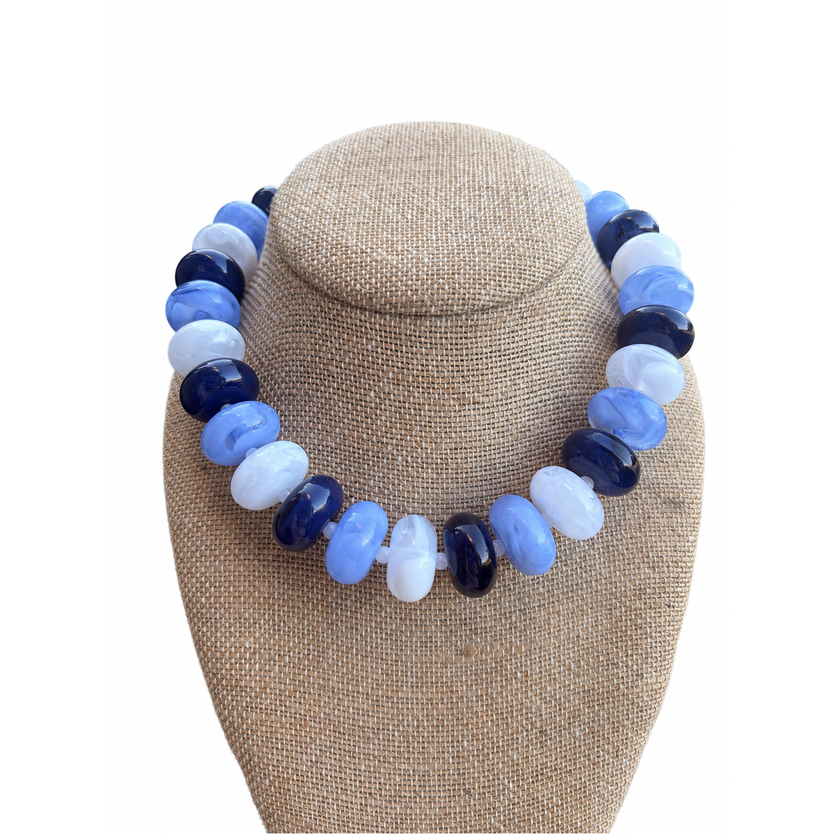 Annie Ks Boutique Blue Belle Rory Rondelle Necklace with glossy marbled navy, periwinkle, and white chunky beads.