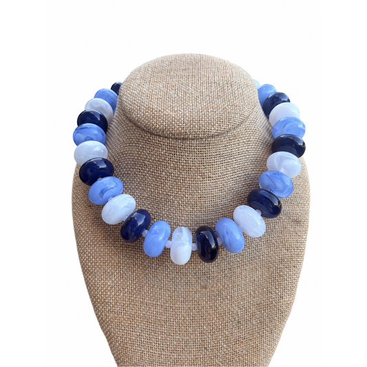 Annie Ks Boutique Blue Belle Rory Rondelle Necklace with glossy marbled navy, periwinkle, and white chunky beads.