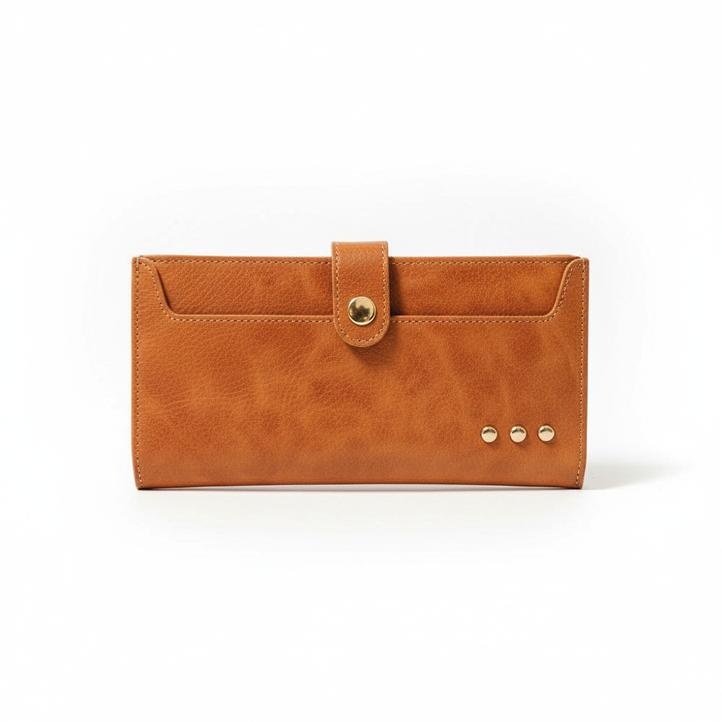 Annie Ks Boutique brown Essentials Carryall Wallet with a snap button closure and decorative gold stud accents.