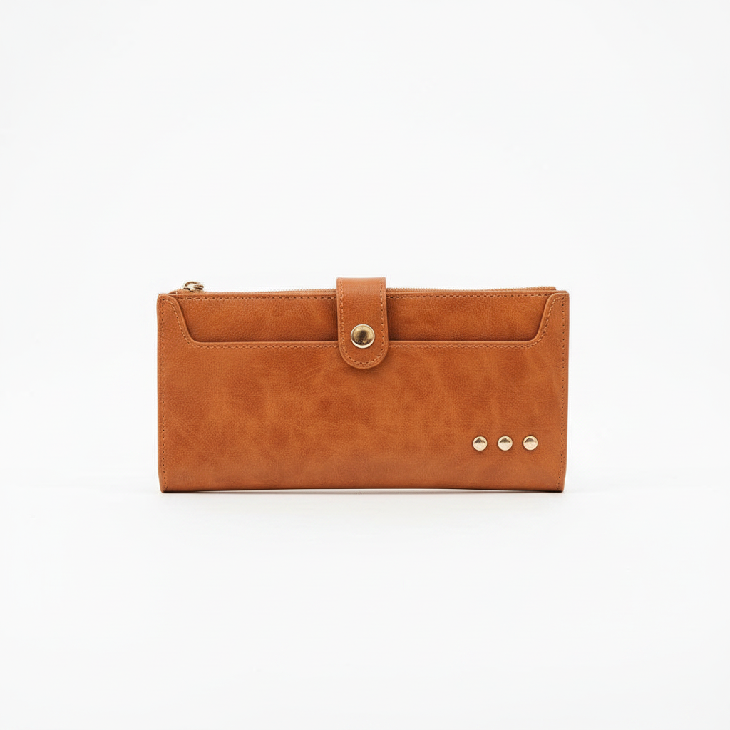 Annie Ks Boutique brown Essentials Carryall Wallet with snap button closure and decorative metal studs