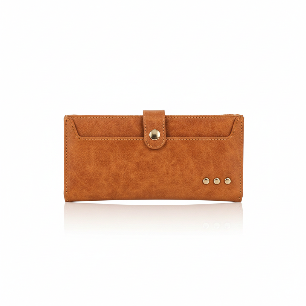 Annie Ks Boutique brown leather-look carryall wallet with snap button closure and decorative metal studs