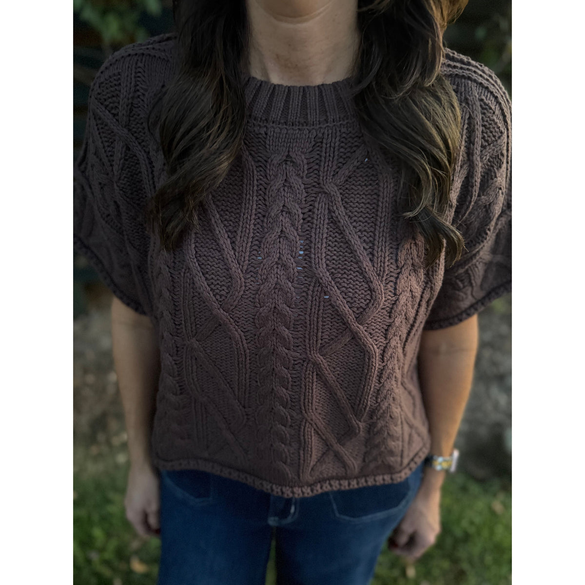 Annie Ks Boutique brown short sleeve cropped knit sweater with cable knit texture and round neckline