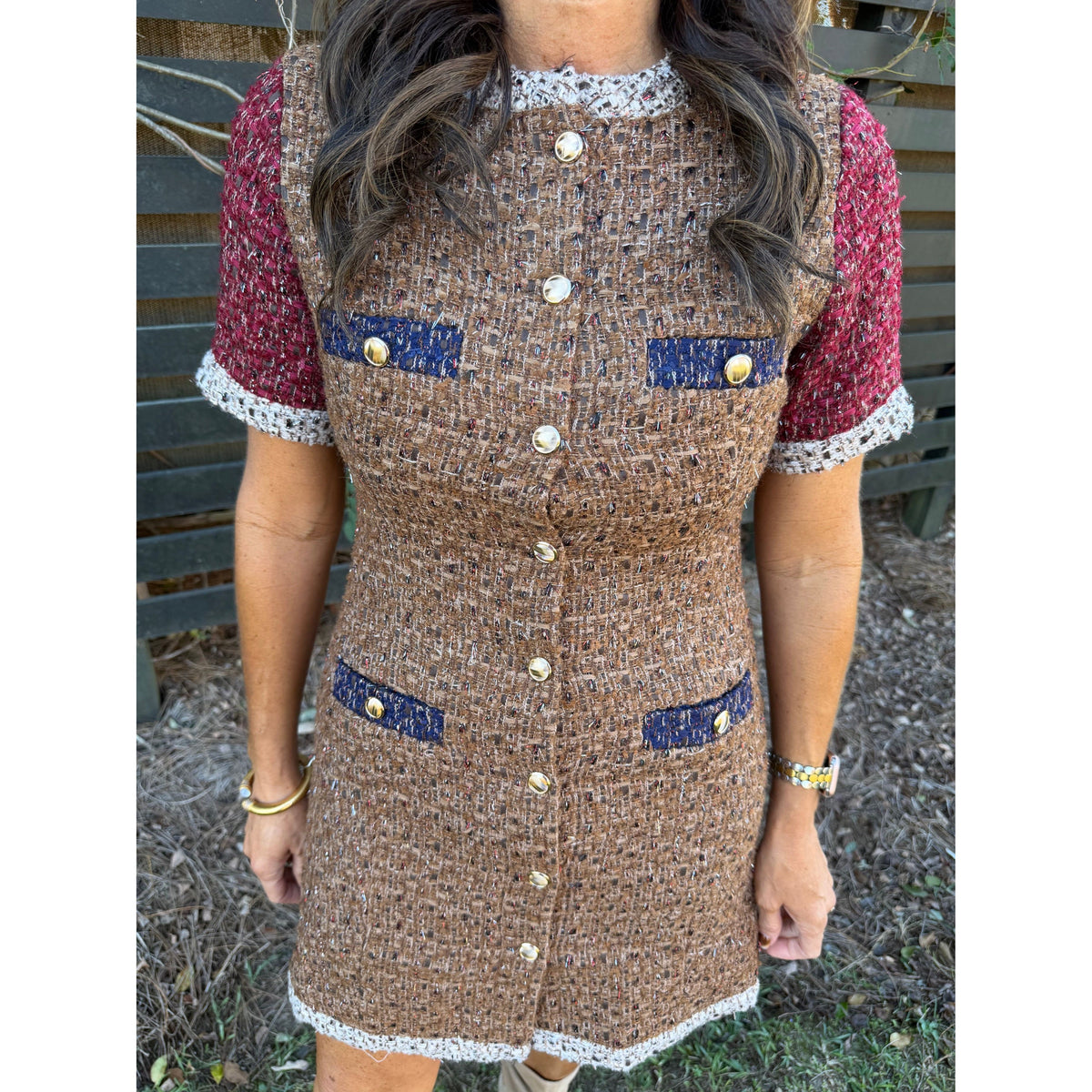 Annie Ks Boutique brown mixed tweed dress with short sleeves, gold buttons, and blue contrast trim pockets.