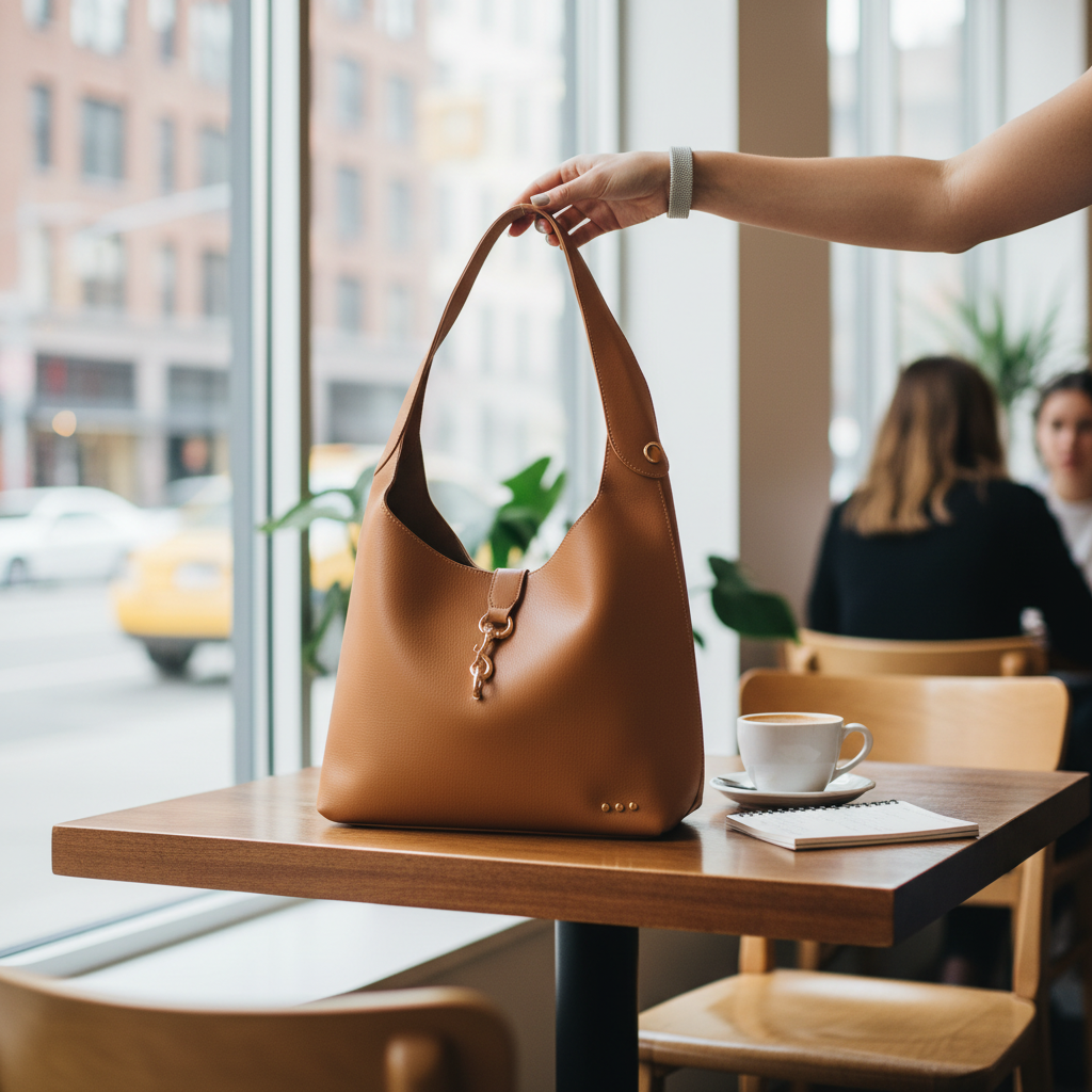 Annie Ks Boutique brown vegan leather Haddie hobo tote bag with gold lock accent held on a cafe table.