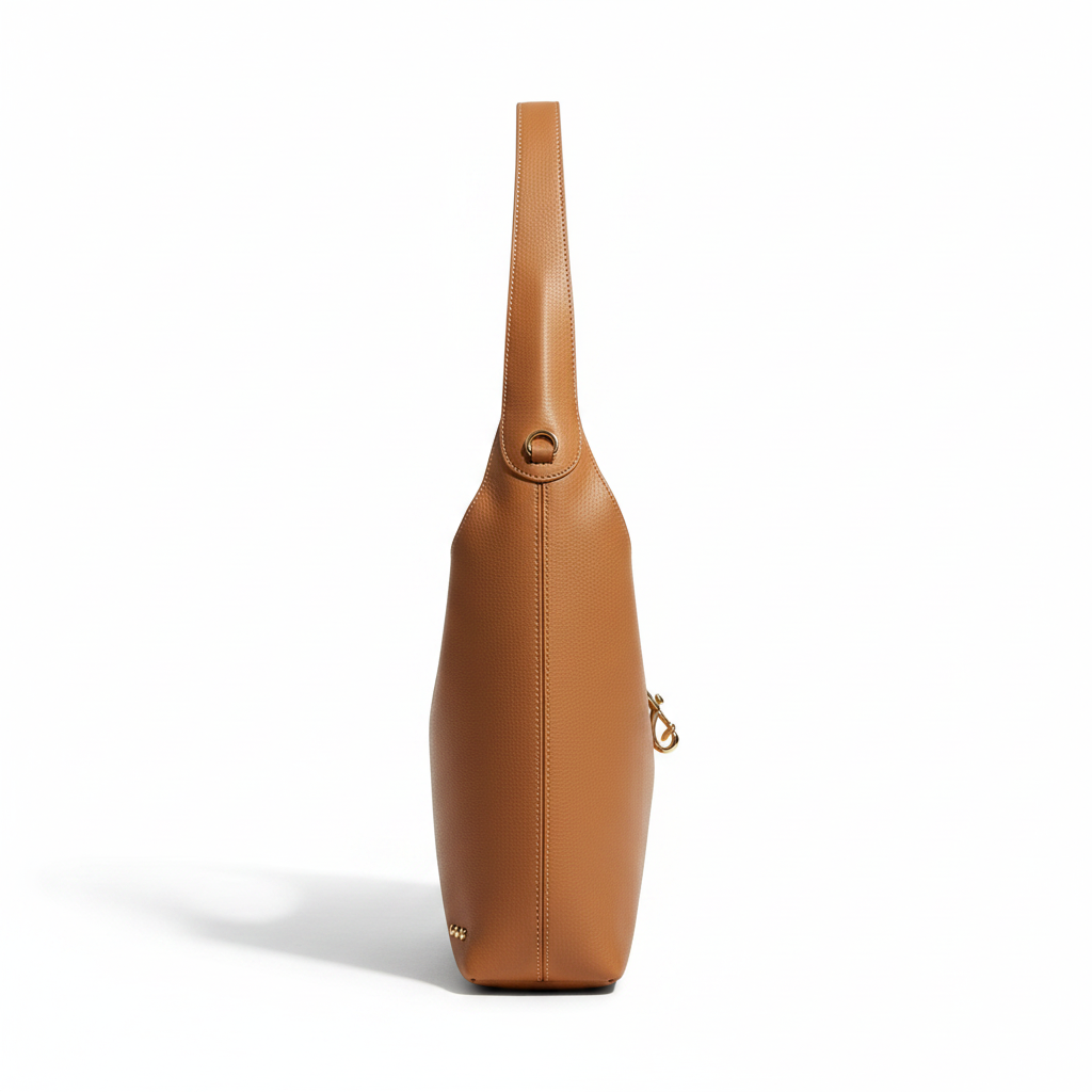 Annie Ks Boutique Haddie Hobo brown vegan leather tote bag, side profile view showing shoulder strap and hardware.