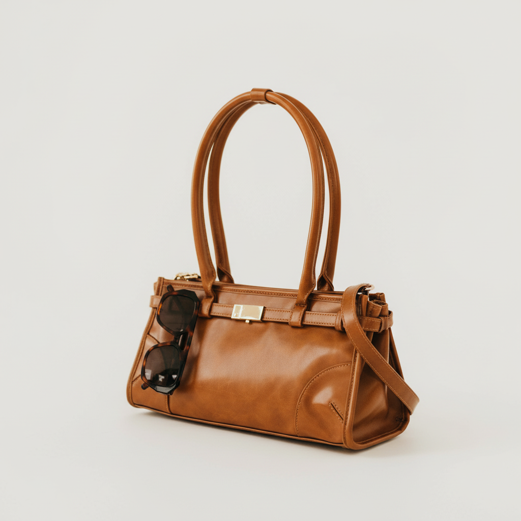 Annie Ks Boutique Ethel brown vegan leather shoulder bag with gold hardware and tortoiseshell sunglasses attached.