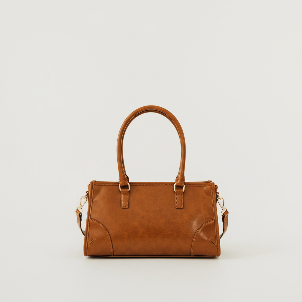 Annie Ks Boutique Ethel brown vegan leather shoulder bag with structured silhouette and gold-tone hardware