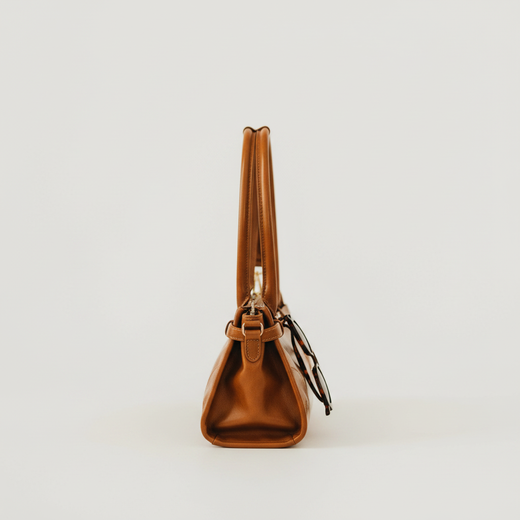 Annie Ks Boutique Ethel brown vegan leather shoulder bag, side view showing compact depth and elegant hardware.