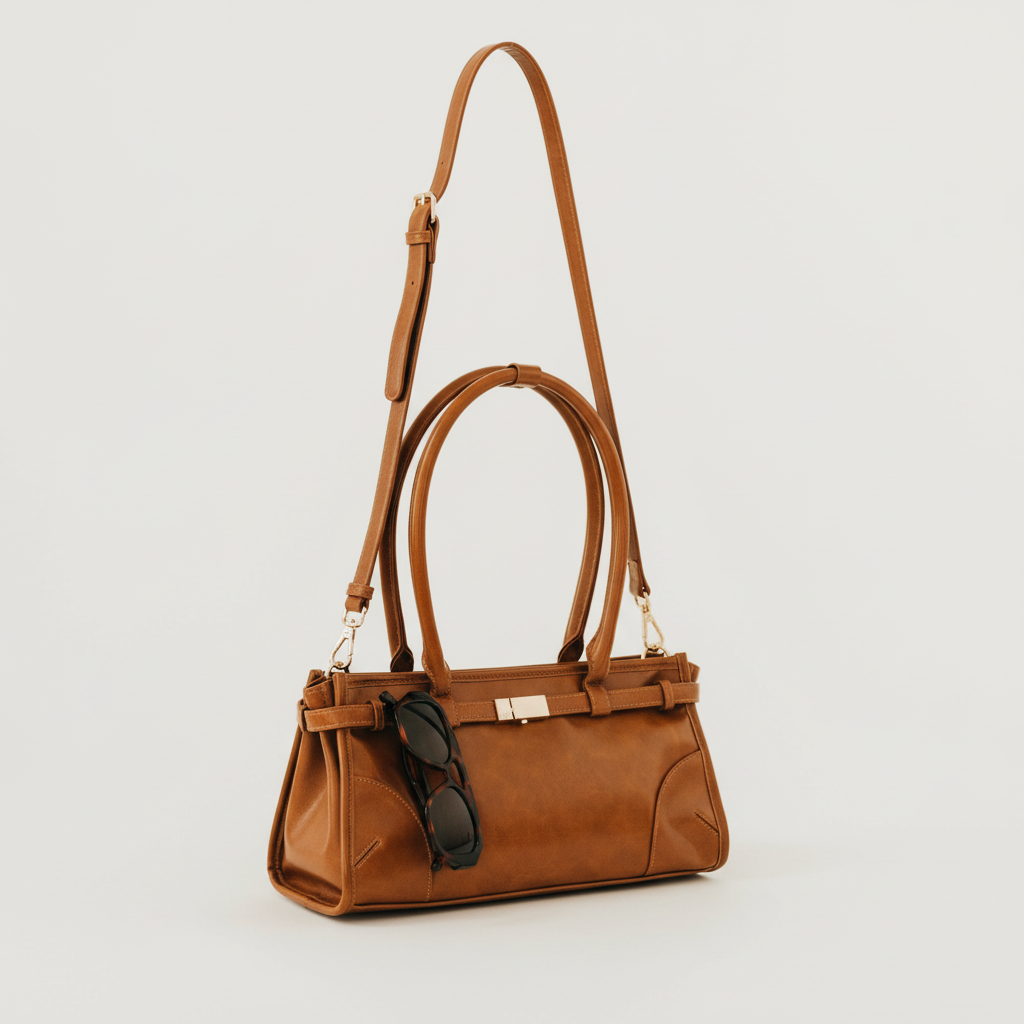 Annie Ks Boutique Ethel brown vegan leather shoulder bag with top handles, adjustable strap, and exterior lock detail.