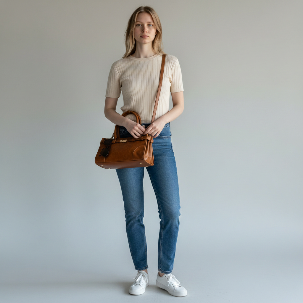Model wearing Annie Ks Boutique brown vegan leather shoulder bag with gold hardware, styled with jeans and a top.