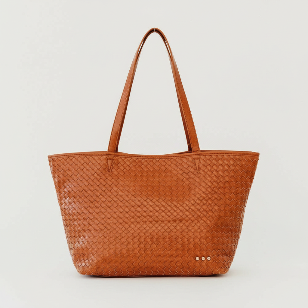 Annie Ks Boutique brown woven vegan leather Tiffany organizer tote bag with dual shoulder straps