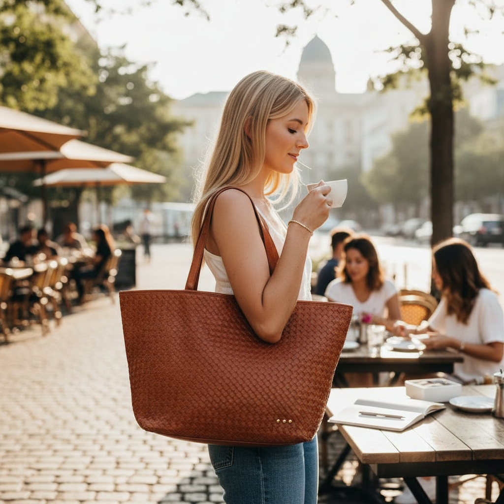 Annie Ks Boutique brown woven vegan leather tote bag carried by a woman at an outdoor cafe