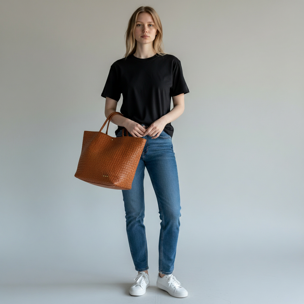 Annie Ks Boutique brown woven vegan leather tote bag held by a model wearing a black t-shirt and blue jeans.