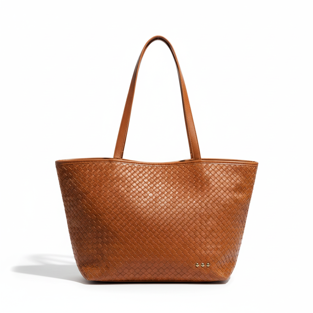 Annie Ks Boutique brown woven vegan leather tote bag with shoulder straps and gold stud detail on a white background