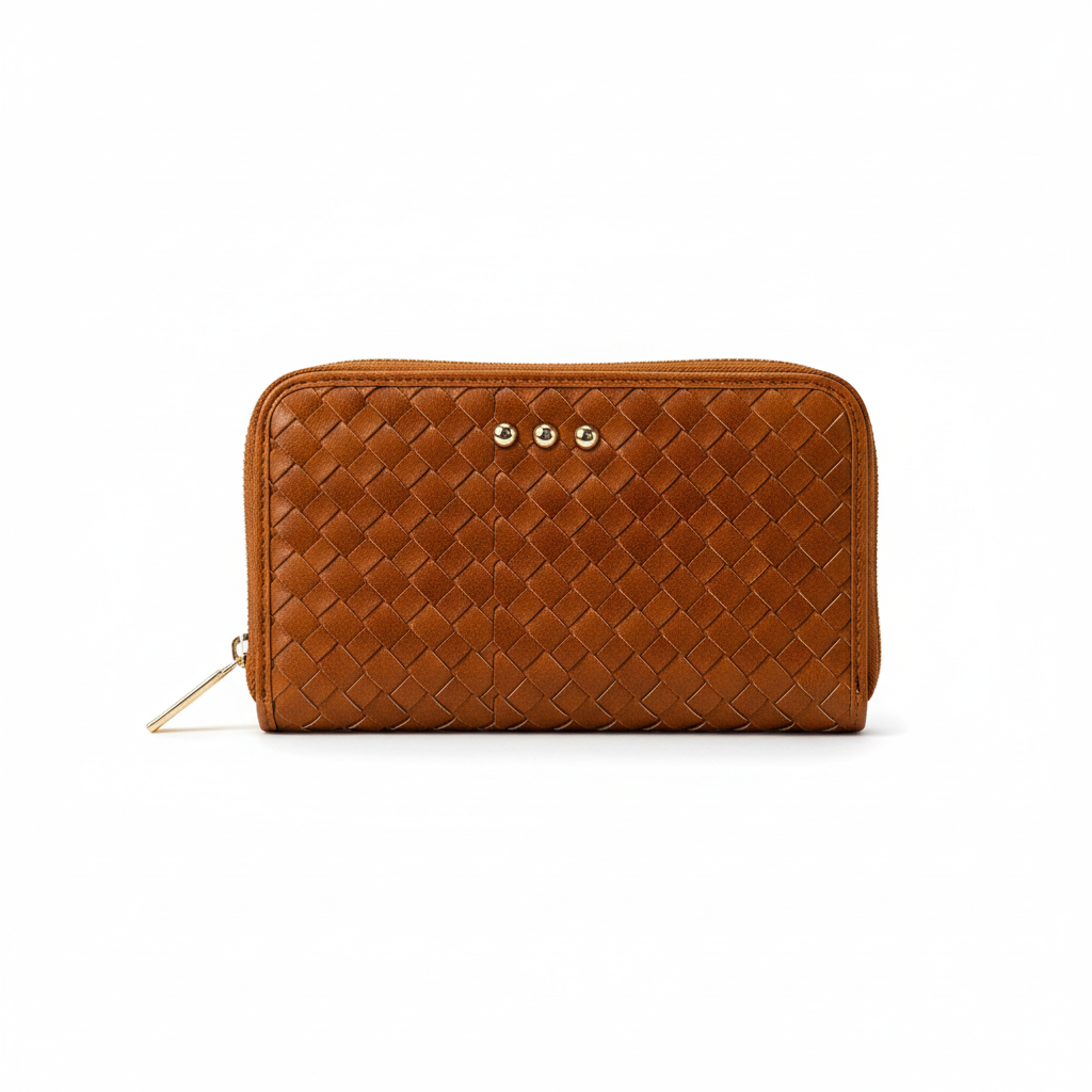 Annie Ks Boutique Lenni large zip-around wallet in woven brown vegan leather with gold stud accents