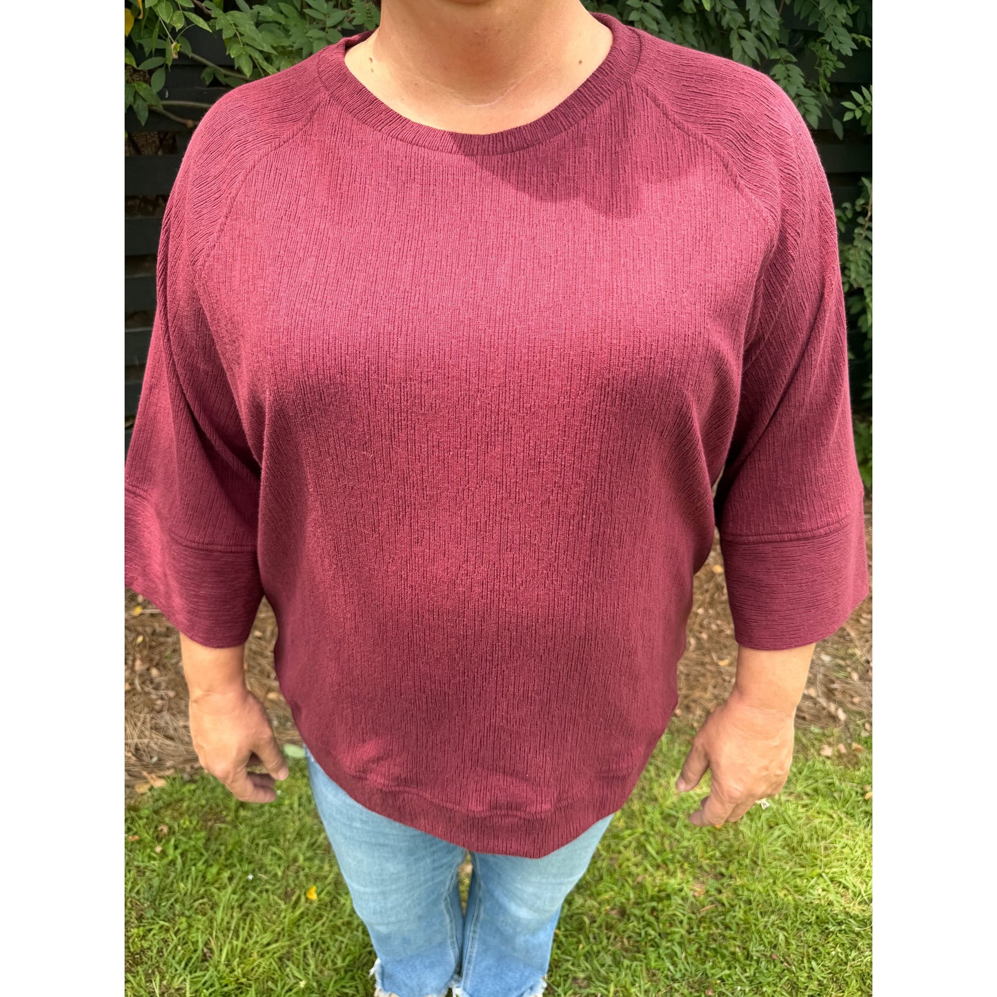 Annie Ks Boutique burgundy relaxed dolman sleeve knit sweater with ribbed neckline and textured slub fabric
