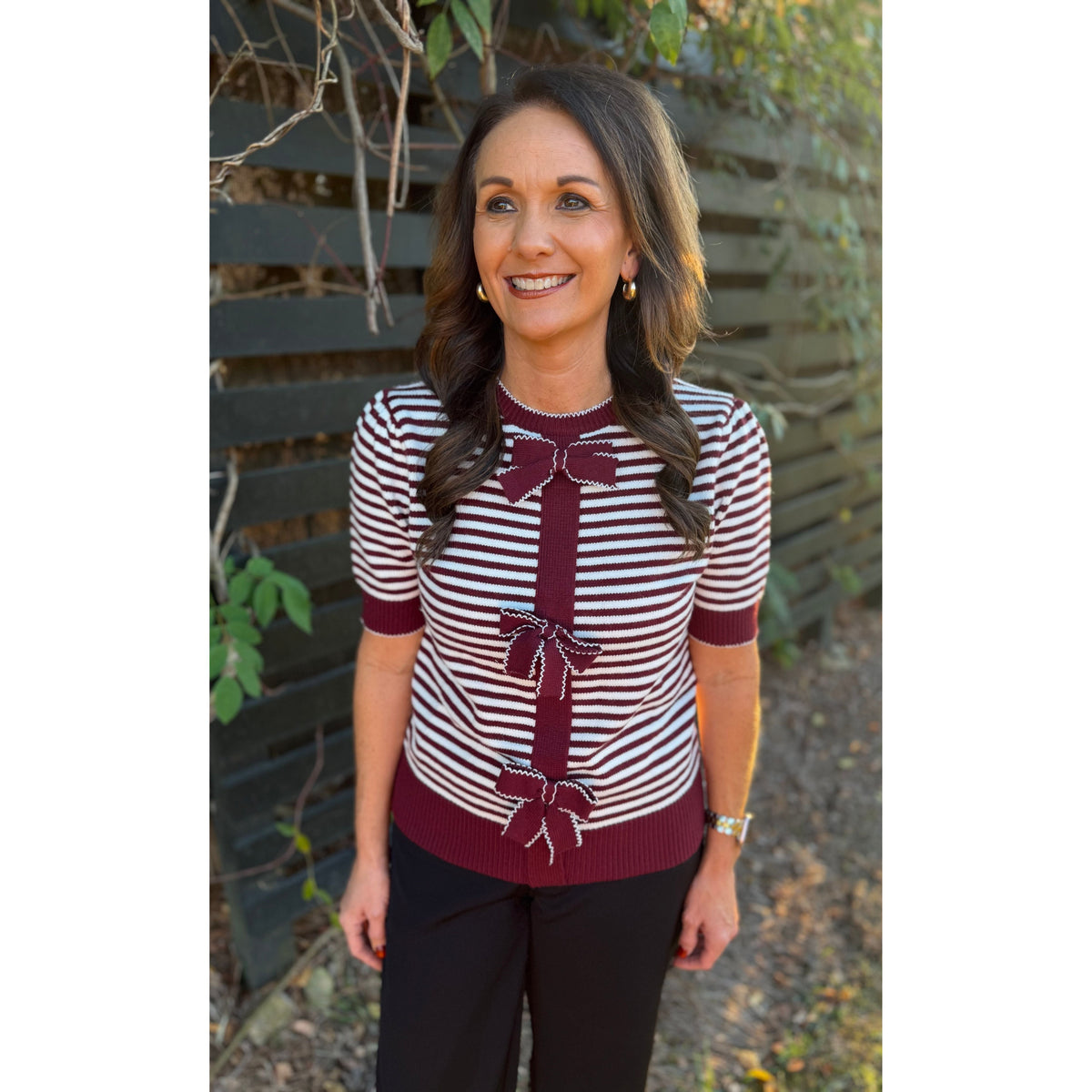 Annie Ks Boutique burgundy and white striped short-sleeve knit cardigan featuring three decorative front bows