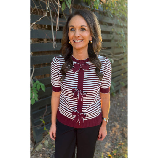 Annie Ks Boutique burgundy and white striped short-sleeve knit cardigan featuring three decorative front bows