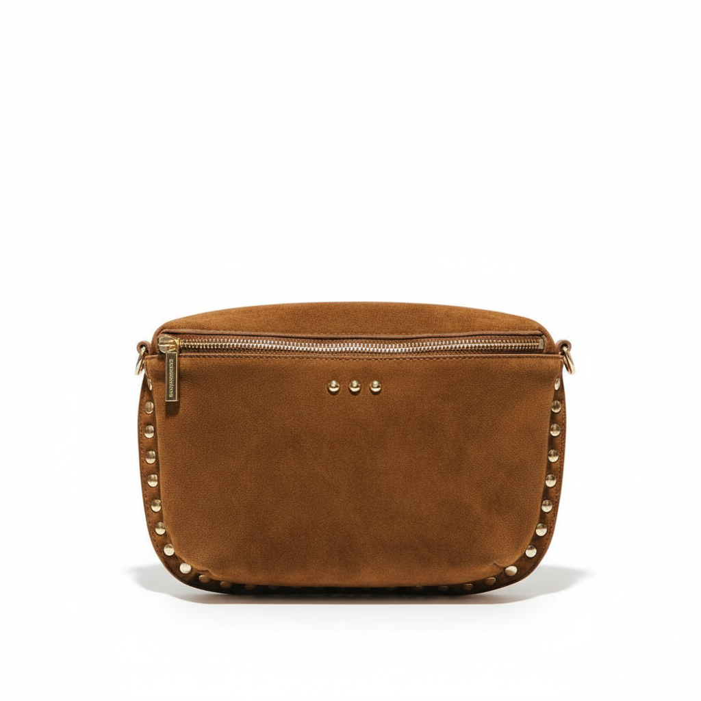 Annie Ks Boutique Sabrina camel vegan suede bum bag featuring gold rivet stud details and a top zipper closure
