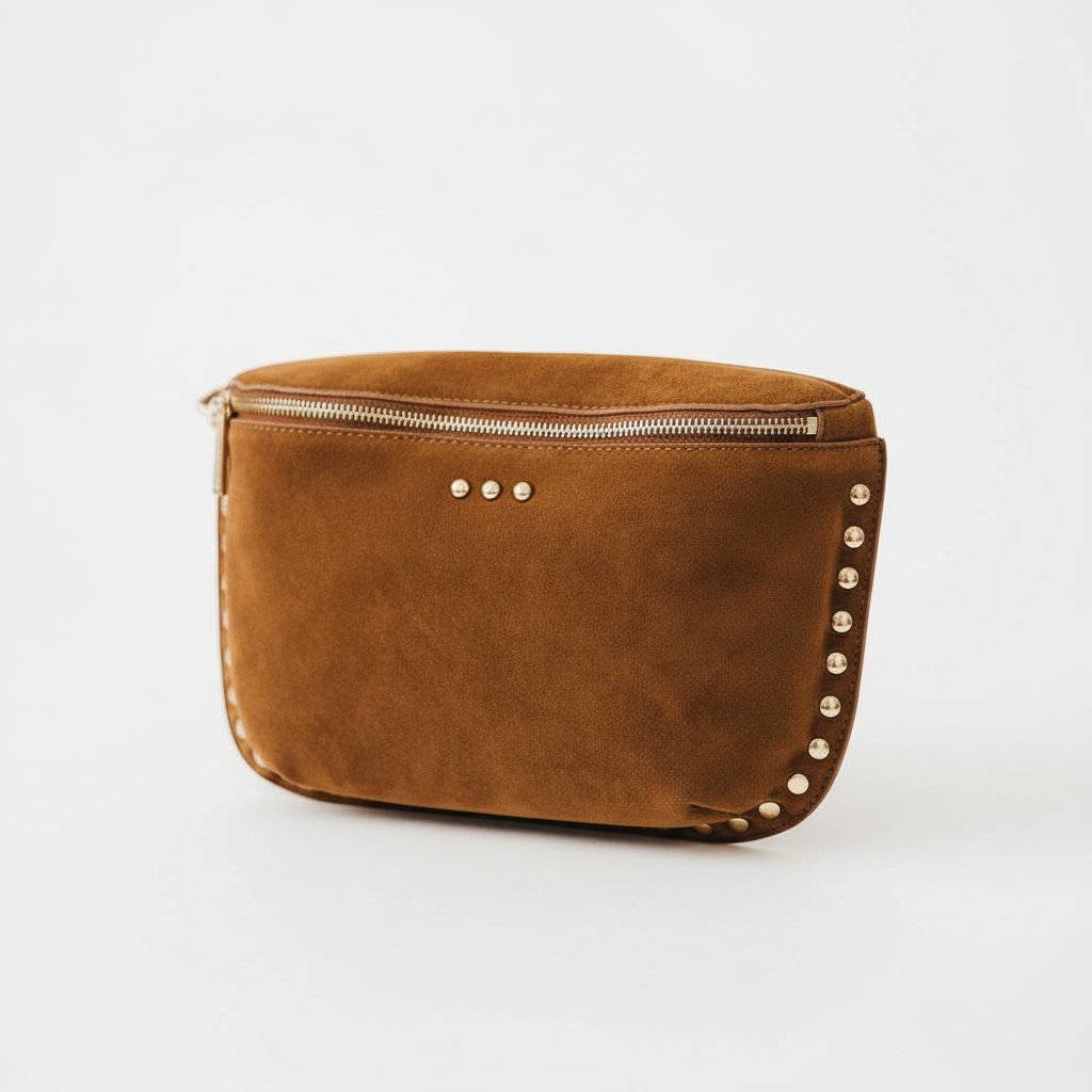 Annie Ks Boutique Sabrina camel vegan suede bum bag with gold rivet stud details and a top zipper closure
